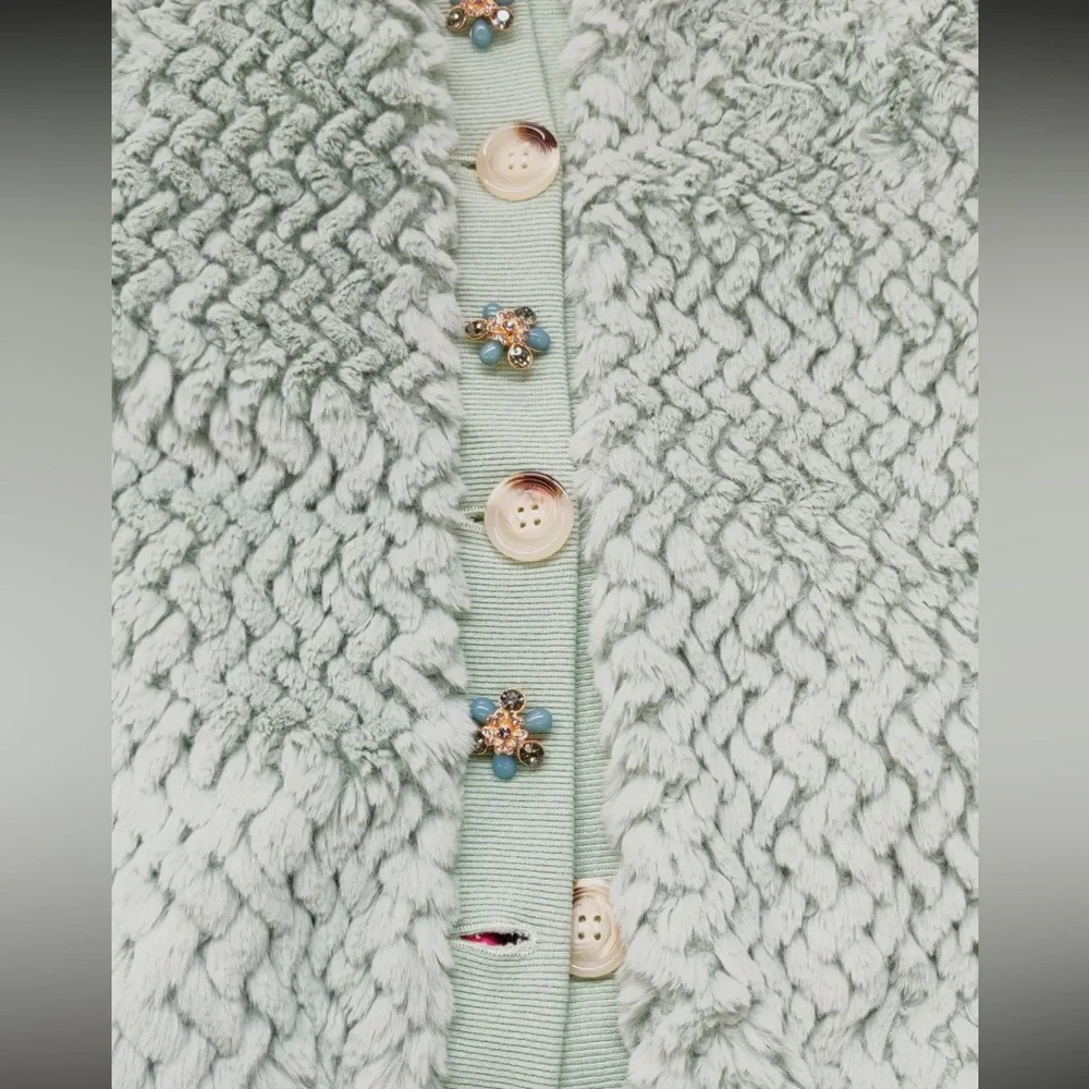 ARATTA Nellie Boho Luxe Mint Fur Jacket Satin Lined Crystal Buttons Boutique - Picture 10 of 16